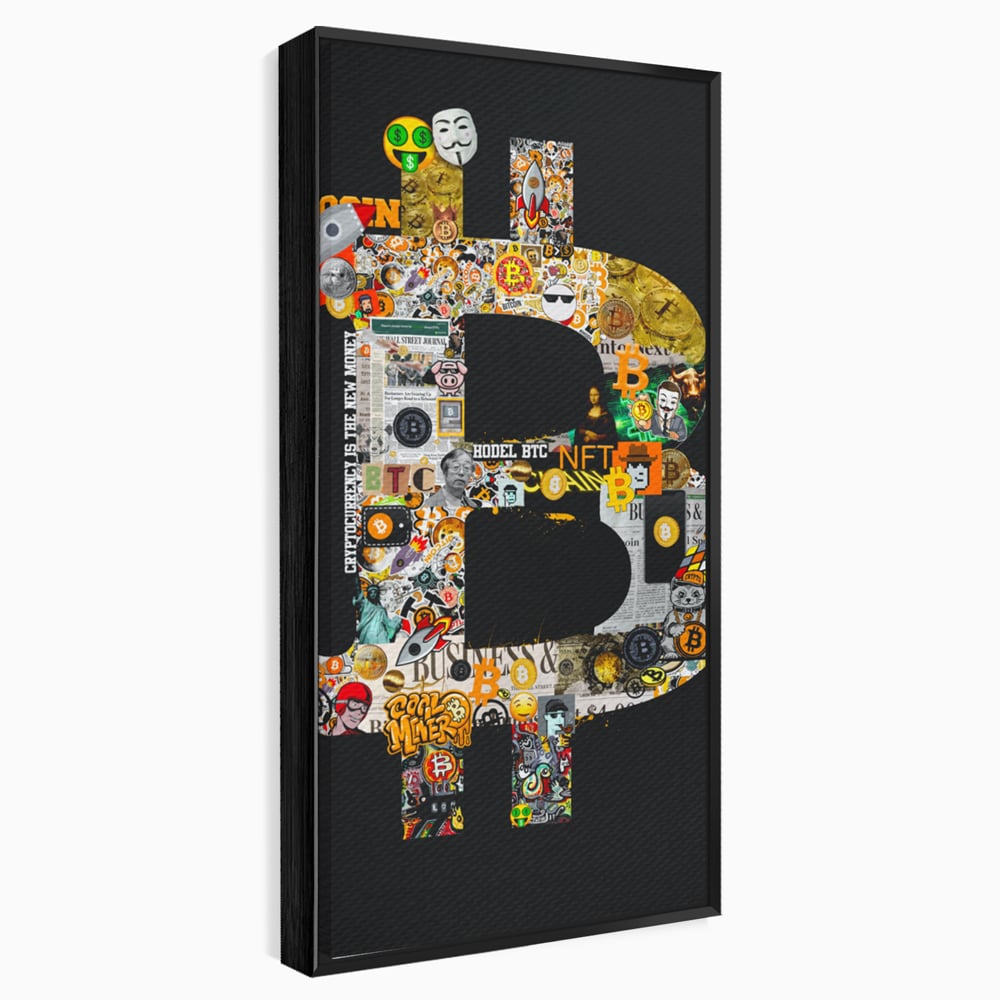 Tablou canvas cu tablou canvas cu simbolul bitcoin din colaje, in rama de aluminiu negru